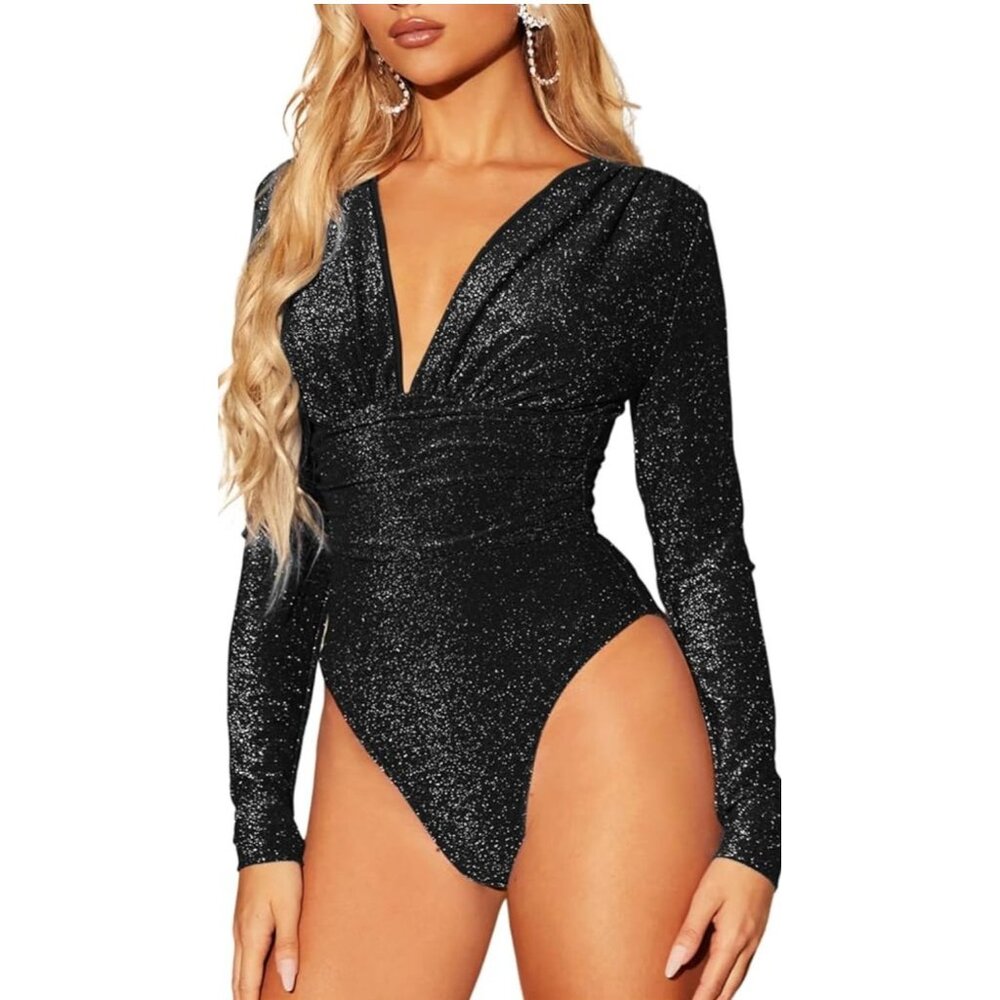 Black Sparkly Long Sleeve Deep V-Neck Bodysuit For Women
